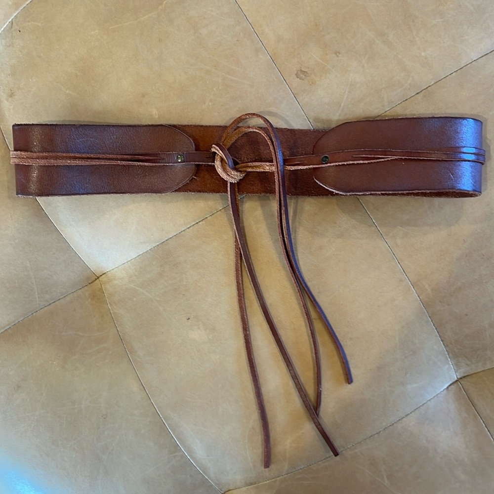 Boho Brown Leather Tie Waist Cinching Belt - M/L